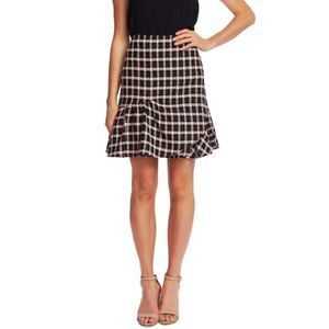 CeCe Tweed Asymmetrical Ruffle Skirt Black Pink Metallic Plaid Size 2